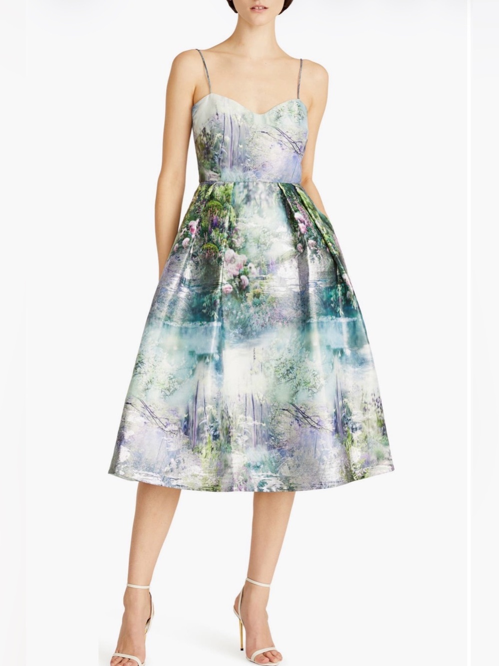 Garden Print Metallic Spaghetti
Strap Midi Cocktail Dress
ML MONIQUE LHUILLIER